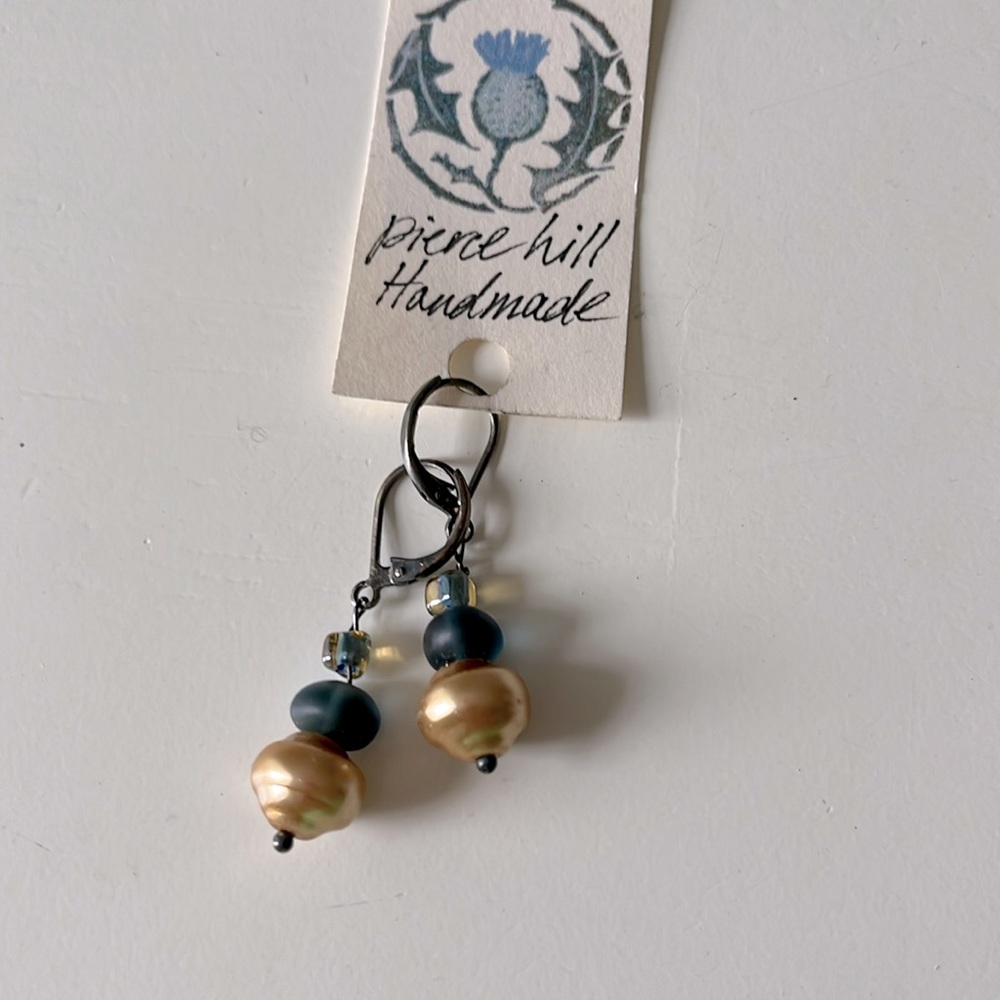 Golden faux pearl and irredescent glass with oxi silver earrings,NWT